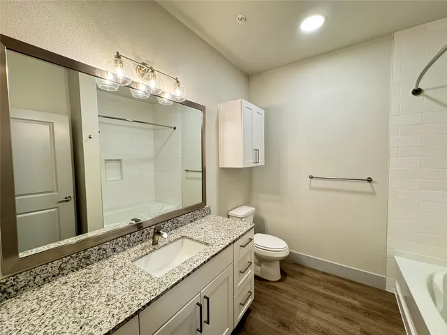 a bathroom with a granite countertop sink toilet and shower
