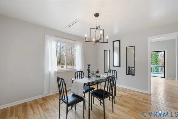 a view of a dining room with furniture window and wooden floor