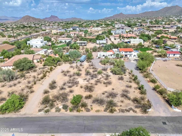 an aerial view of residential houses with outdoor space and trees