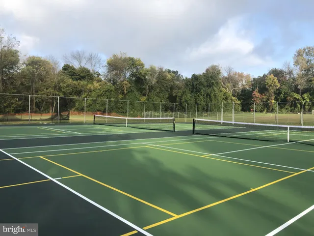 a view of tennis court and trees in the background