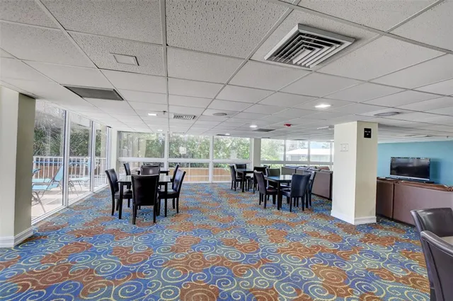 a view of a dining room with furniture window and outside view