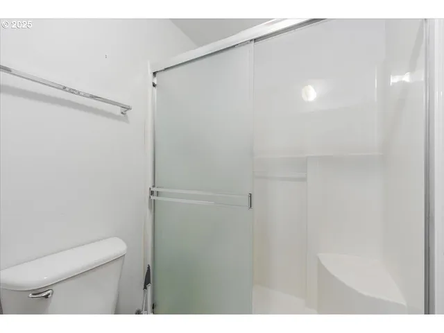 a bathroom with a shower and a toilet