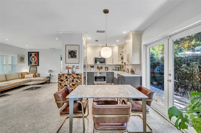 a view of a dining room with furniture window and outside view