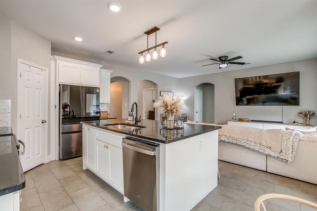 5617 Kilpatrick Avenue Fort Worth, TX 76107 - Photo 16 of 40 a view of living room kitchen with stainless steel appliances granite countertop furniture and fireplace