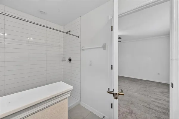 a bathroom with a shower and a sink