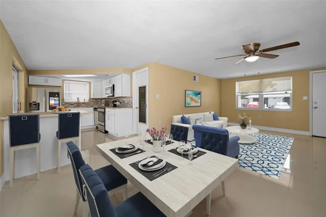 a view of a dining room with furniture