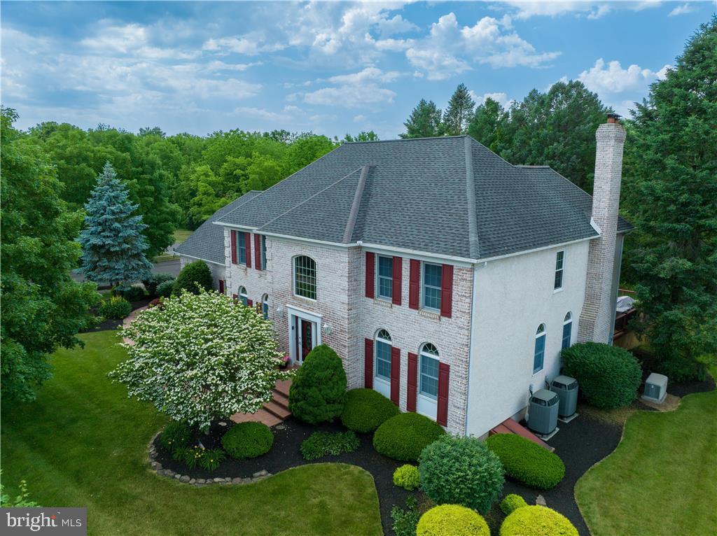 a aerial view of a house with a yard plants and large tree