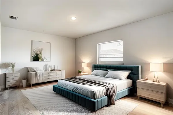 a bedroom with a bed and ceiling fan