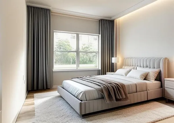 a bedroom with a bed lamp and window