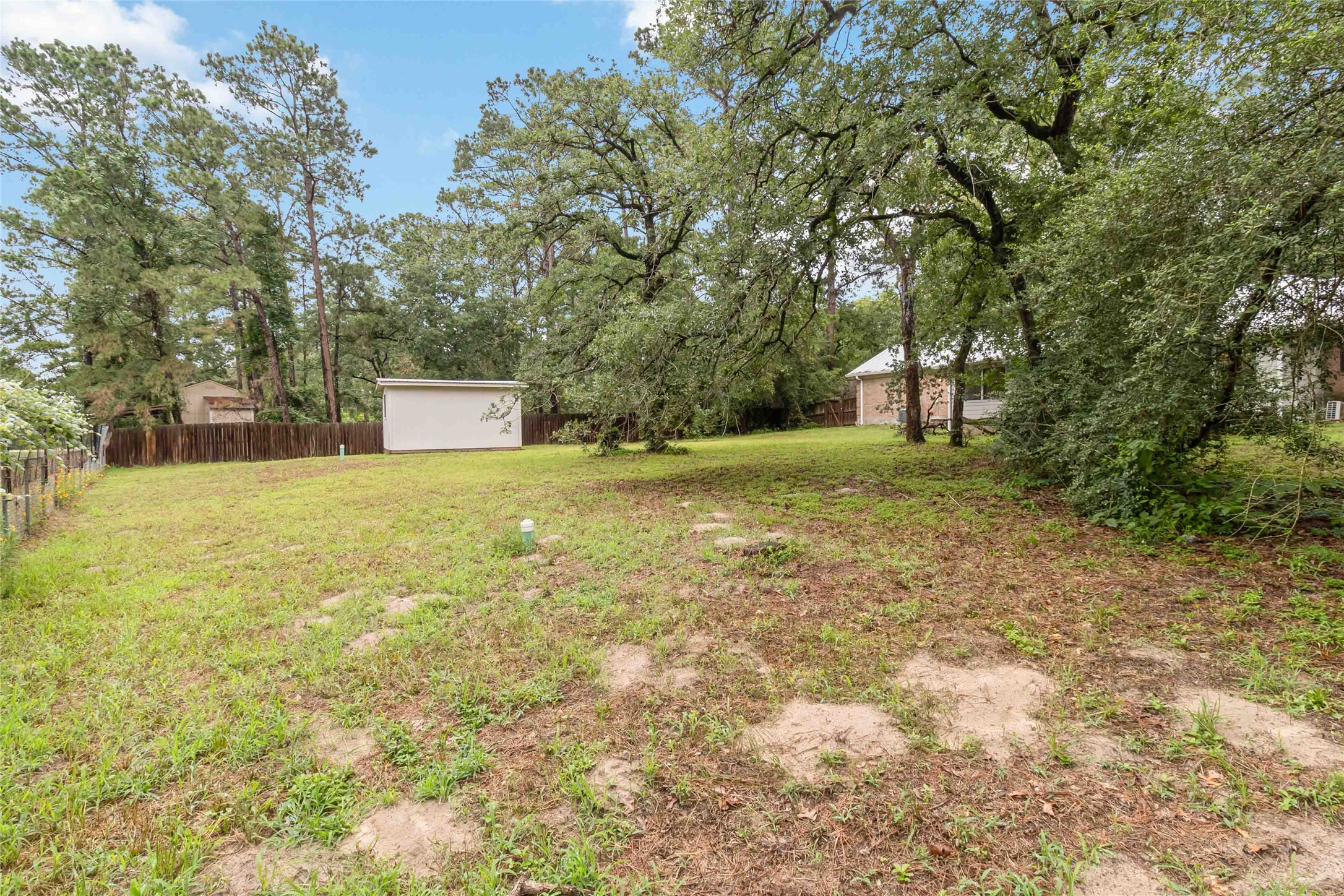 326 Pine View Loop Bastrop, TX 78602 - Photo 29 of 30 A spacious yard offers ample room for outdoor activities, bordered by mature trees and a sturdy fence.