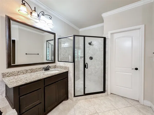 a bathroom with a granite countertop sink shower and a mirror