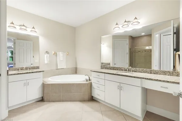 a bathroom with a tub a double vanity sink and a mirror