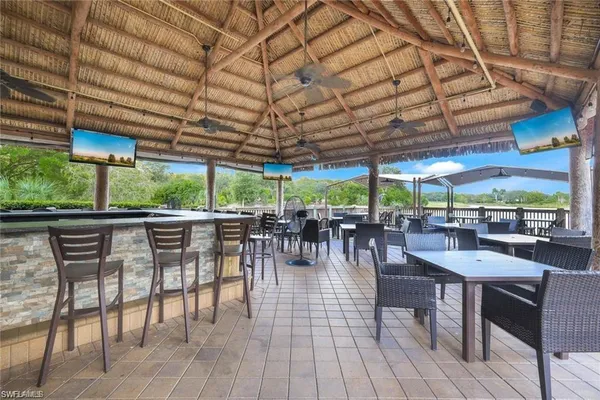 a dining space with furniture and outdoor view