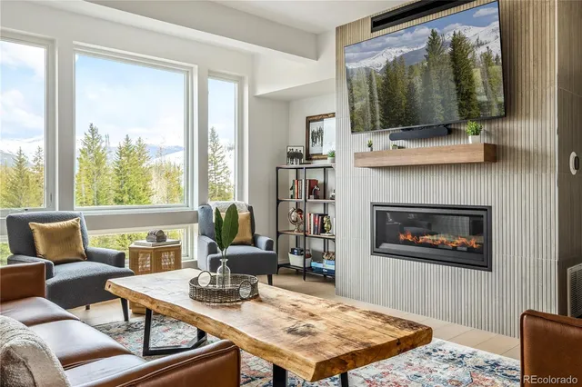 a living room with furniture a flat screen tv and a fireplace