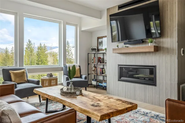 a living room with furniture a flat screen tv and a fireplace