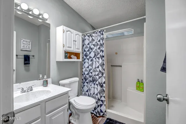 a bathroom with a sink toilet and shower