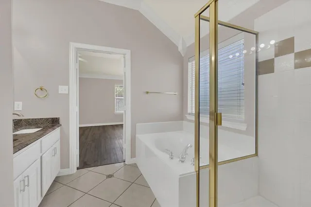 a bathroom with a granite countertop bathtub shower sink and mirror