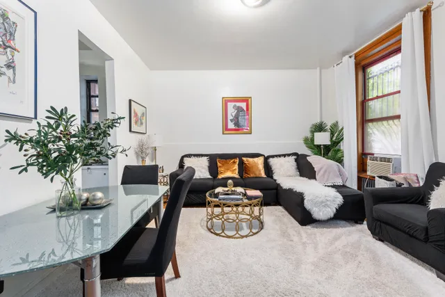 a living room with furniture potted plant and a window