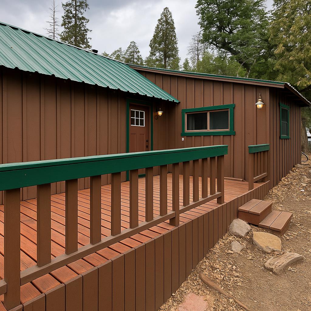 52358 Elder Road, Unit 52 Big Creek, CA 93605 - Photo 1 of 38 a backyard of a house with wooden floor barbeque oven and outdoor seating