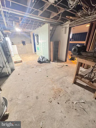 a view of a garage with wooden floor