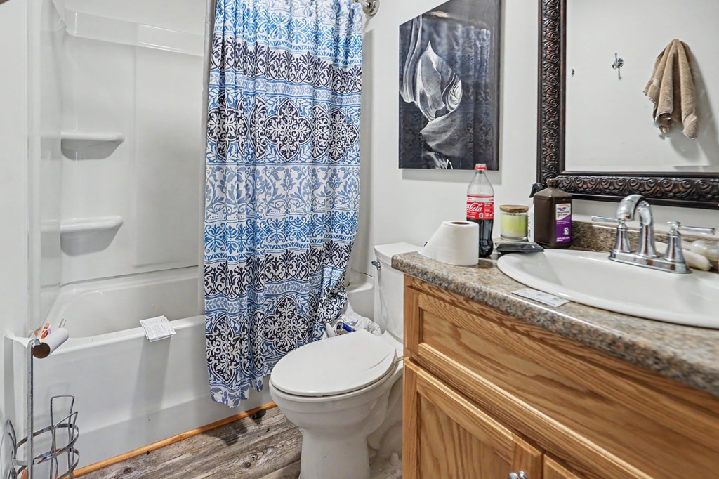 63 Fort Butler Street Murphy, NC 28906 - Photo 24 of 30 a bathroom with a granite countertop toilet sink and mirror