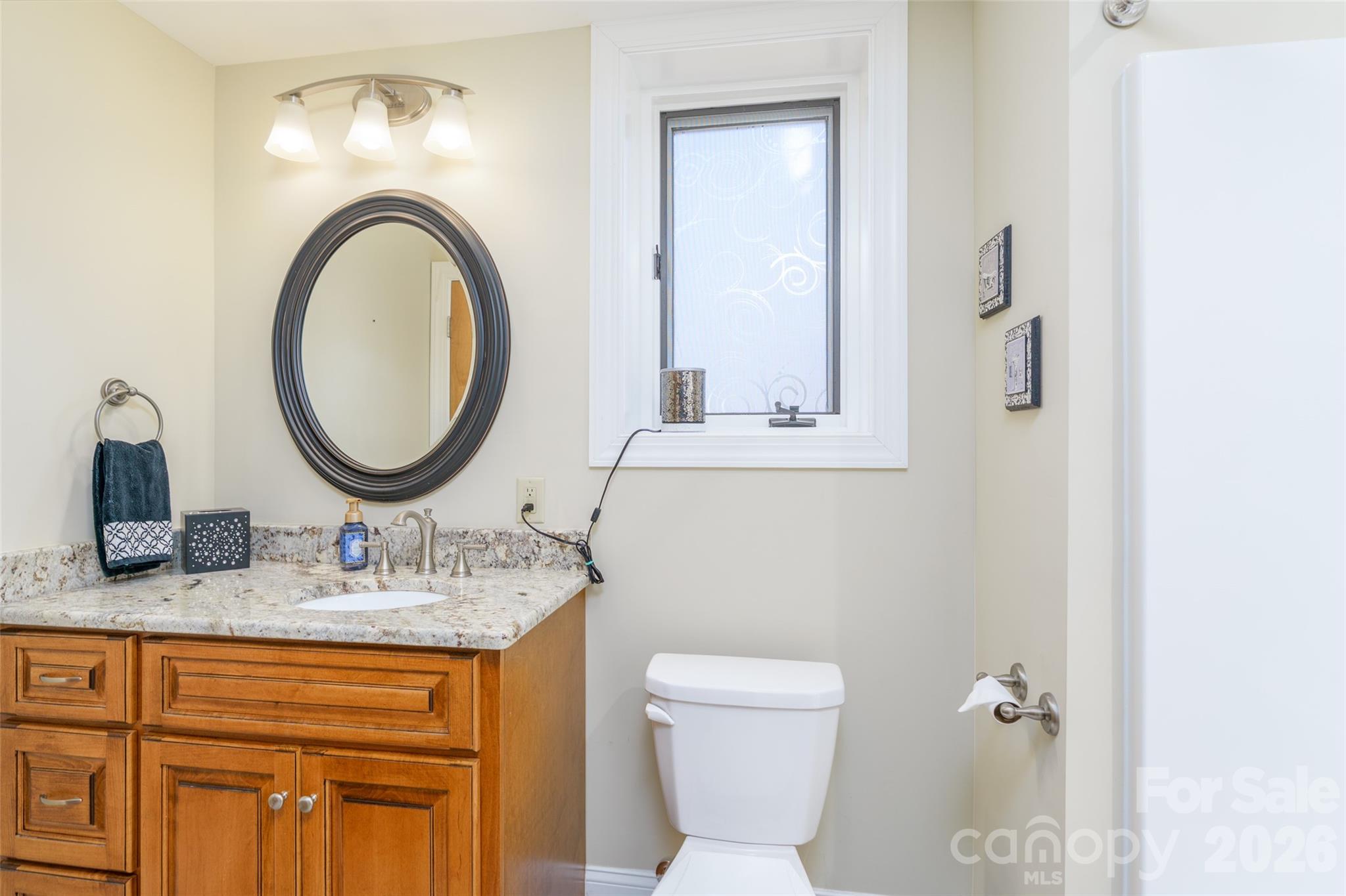 8194 Mallard Road Denver, NC 28037 - Photo 31 of 48 a bathroom with a granite countertop toilet a sink and a mirror