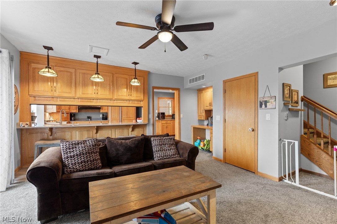 64508 Slade Road Cambridge, OH 43725 - Photo 17 of 50 family room with carpet flooring and a ceiling fan