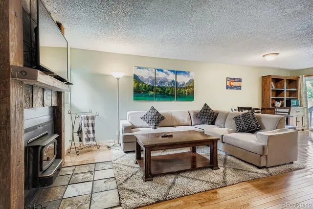 a living room with fireplace furniture and a flat screen tv