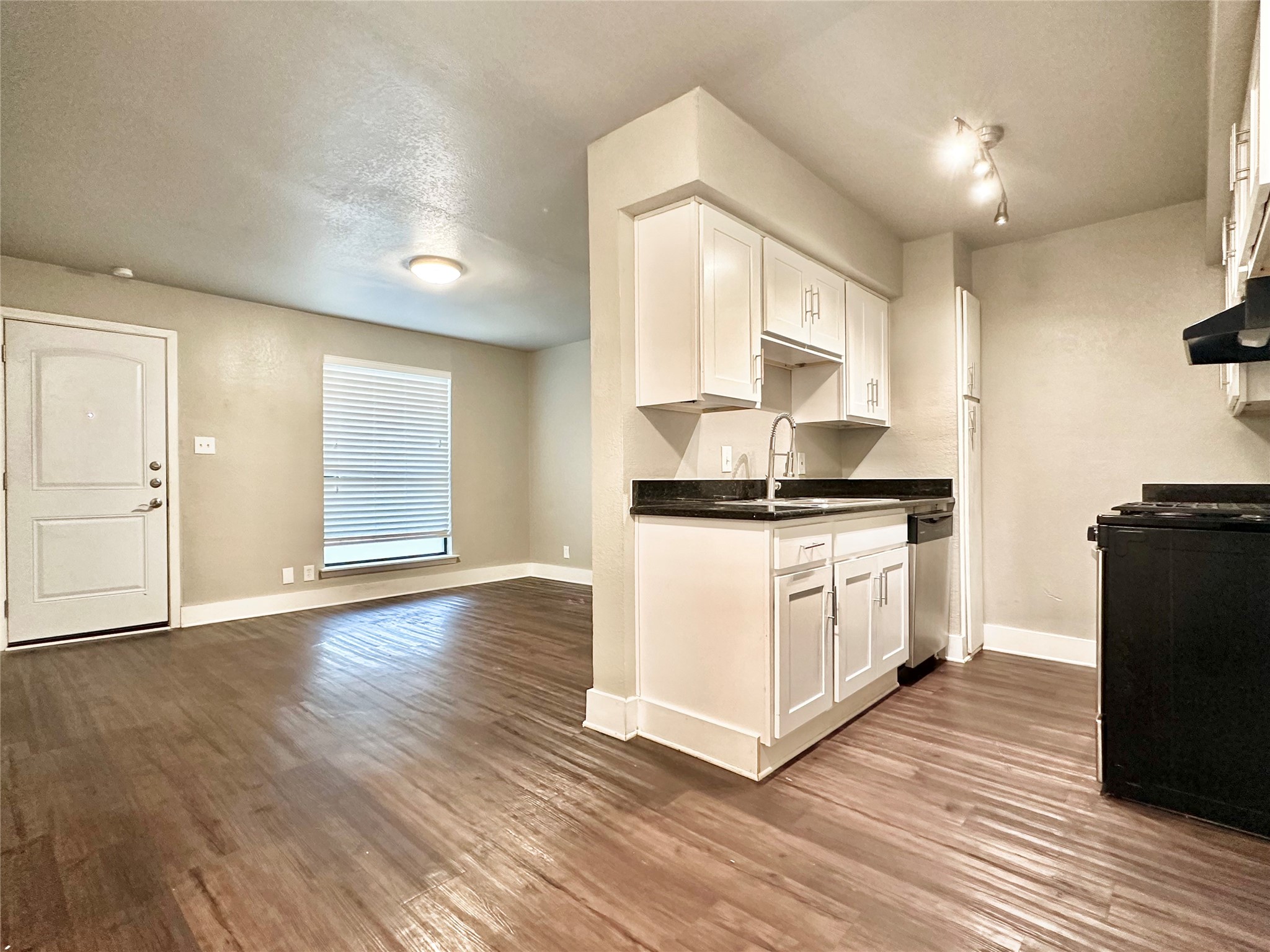 The property features wood flooring, a kitchen with white cabinetry, a black countertop, and a stainless steel dishwasher
