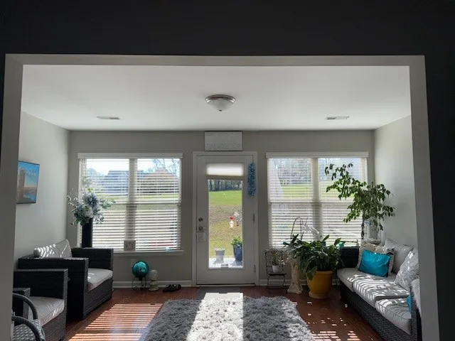 a living room with furniture and a potted plant