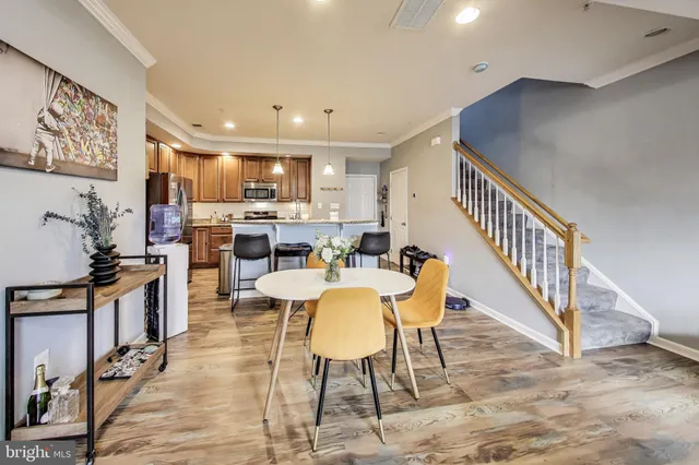 a view of a dining room with furniture