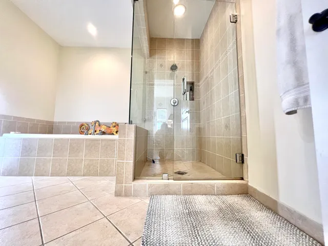a bathroom with a bathtub and a shower