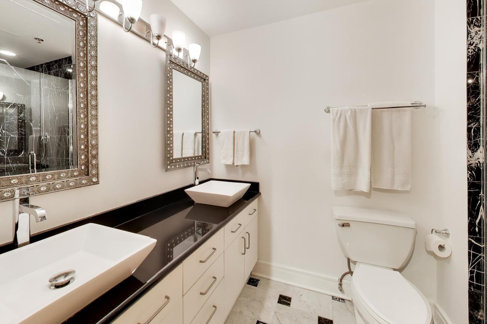212 West Washington Street, Unit 908 Chicago, IL 60606 - Photo 15 of 32 a bathroom with a double vanity sink toilet and mirror