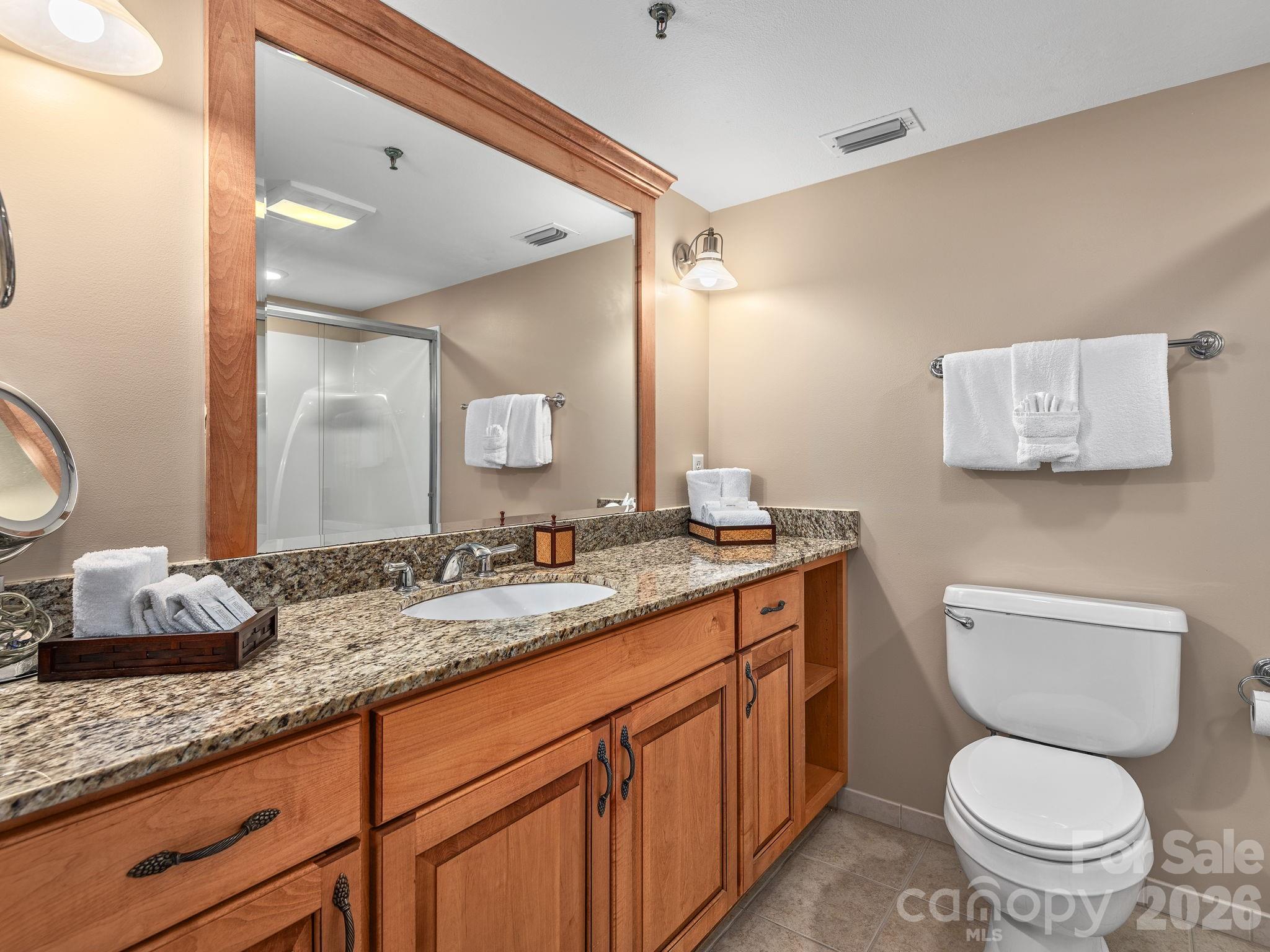 307 Bowling Park Road Asheville, NC 28803 - Photo 18 of 19 a bathroom with a granite countertop toilet sink and a mirror