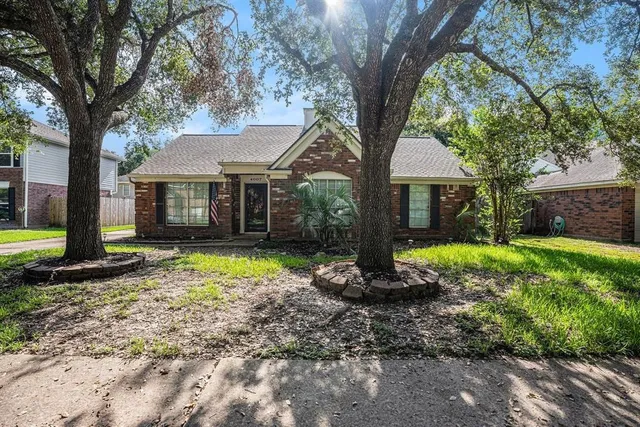 a view of a house with a yard tree and a large tree