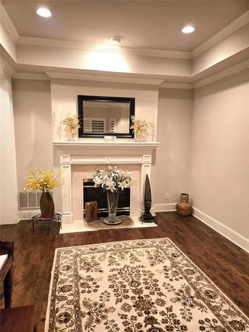 a living room with a fireplace