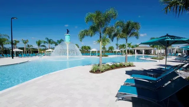 an aerial view of a swimming pool