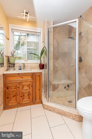 a bathroom with a granite countertop sink a toilet and shower