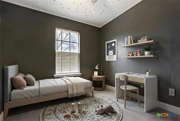 a bedroom with a bed and a couch