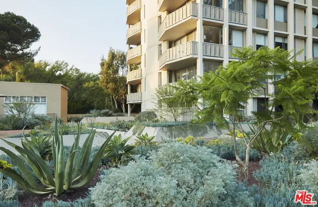 a view of a garden in front of a building