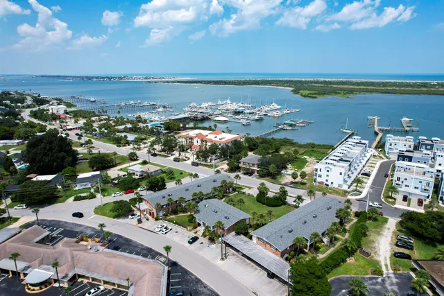 an aerial view of a city with lots of residential buildings and ocean view in back