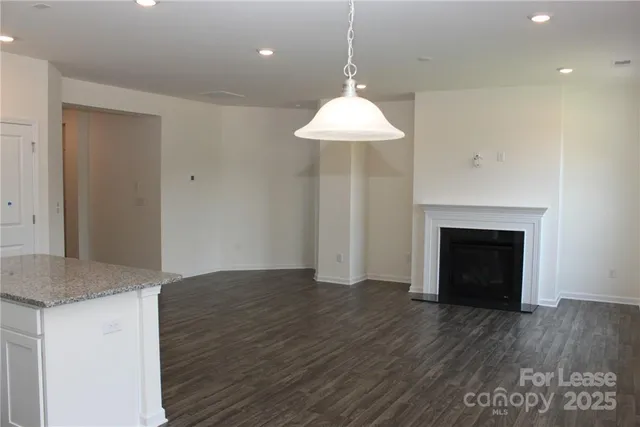 a view of a kitchen with a sink a fireplace and wooden floor
