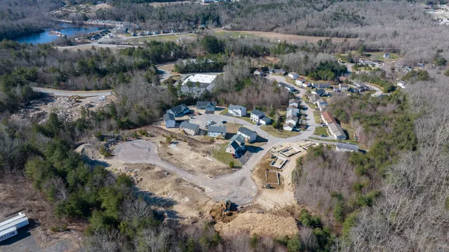 an aerial view of a house with a mountain