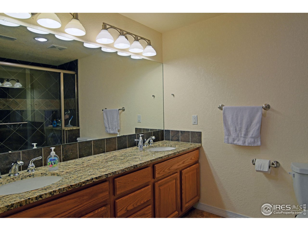 8113 Northstar Drive Windsor, CO 80528 - Photo 31 of 40 a bathroom with a granite countertop sink a mirror and a shower