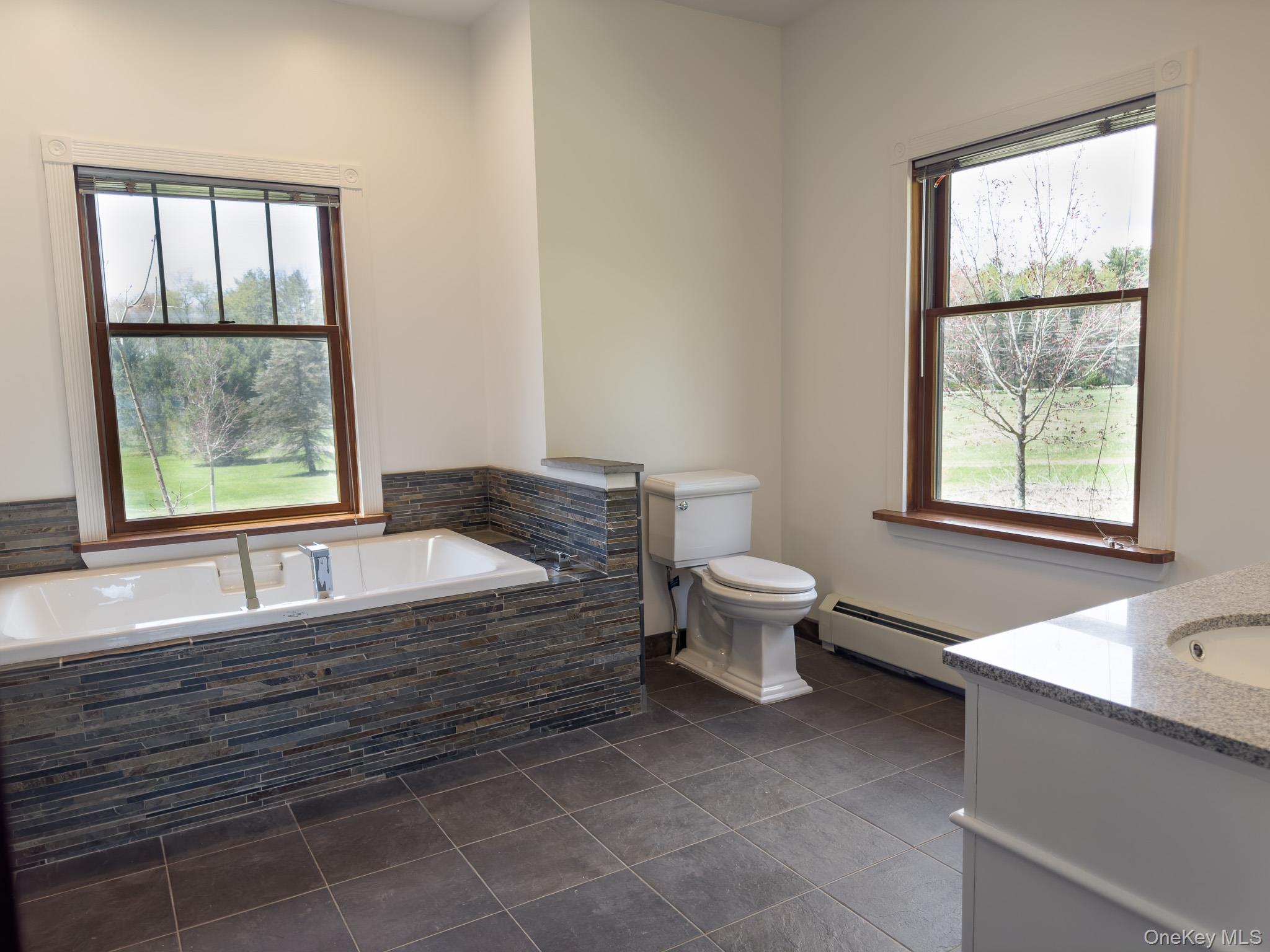 58 Deer Meadow Road White Lake, NY 12786 - Photo 22 of 41 Bathroom featuring double vanity, a soaking tub, baseboard heating, dark tile patterned floors, and healthy amount of natural light