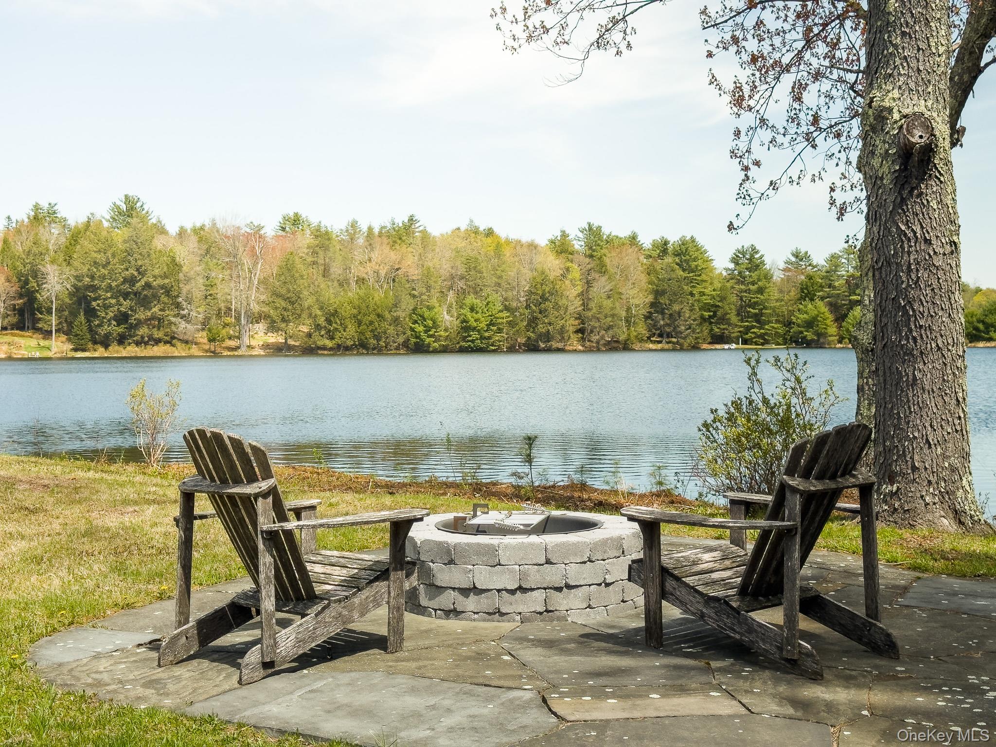 58 Deer Meadow Road White Lake, NY 12786 - Photo 37 of 41 View of patio with a fire pit, a water view, and a view of trees