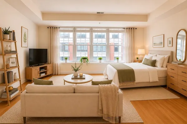 a bedroom with bed and a flat screen tv