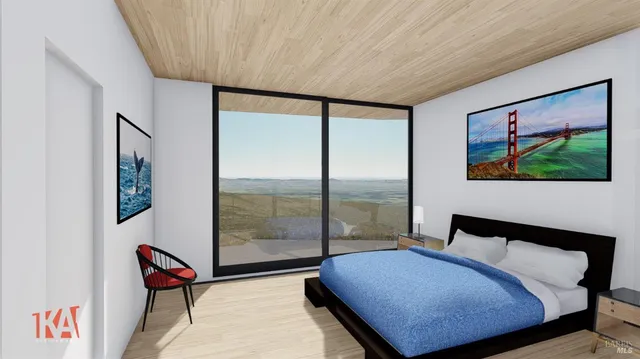 a bedroom with a bed and glass window