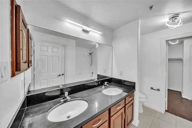 a bathroom with a sink double vanity and a mirror