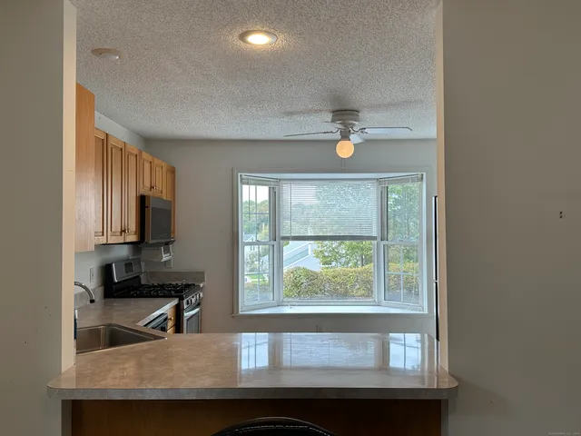 a kitchen with a window a sink and a microwave